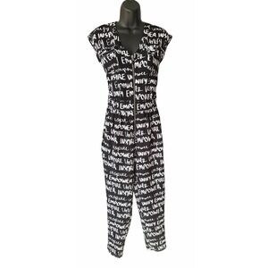 NY & Company Graphic Zip Front Jumpsuit XS Black White Cap Sleeve Pockets